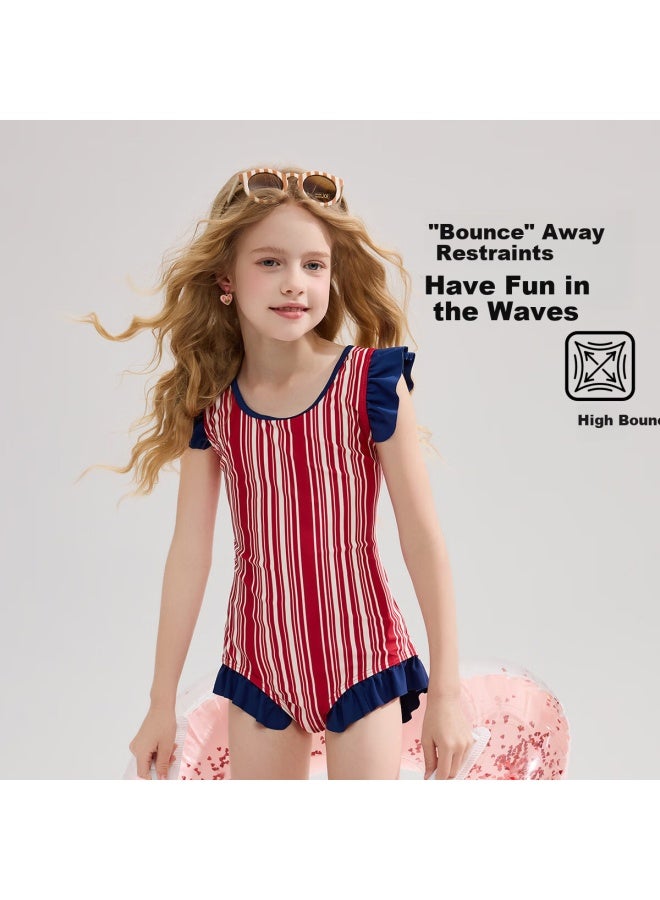 Ask Junior Kids Swimsuit Summer Big Kids One-piece Swimsuit Youth Ruffled Edge Contrast Color Training Suit Girls - Image 2
