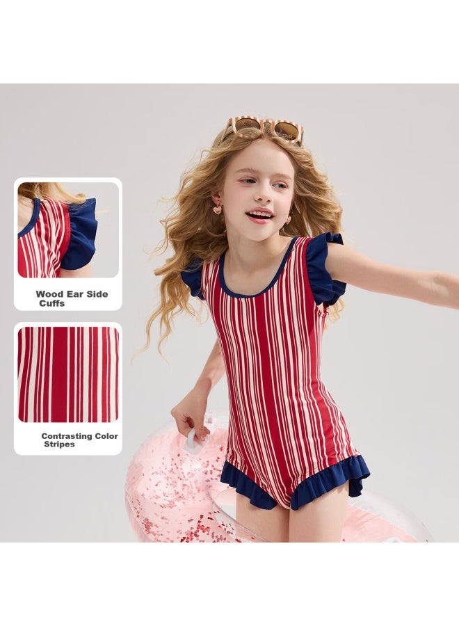 Ask Junior Kids Swimsuit Summer Big Kids One-piece Swimsuit Youth Ruffled Edge Contrast Color Training Suit Girls - Image 5