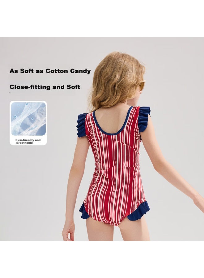Ask Junior Kids Swimsuit Summer Big Kids One-piece Swimsuit Youth Ruffled Edge Contrast Color Training Suit Girls - Image 4