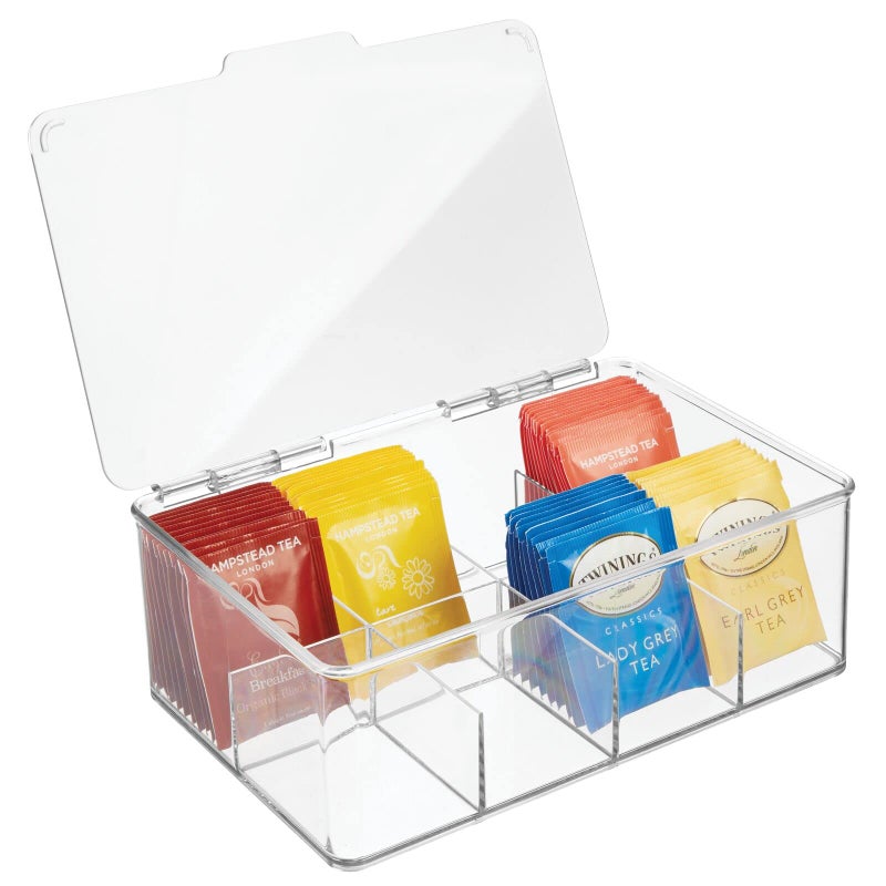 mDesign Tea Bag Single Serve Pouch Divided Box Holder Organizer, Clear - Image 1