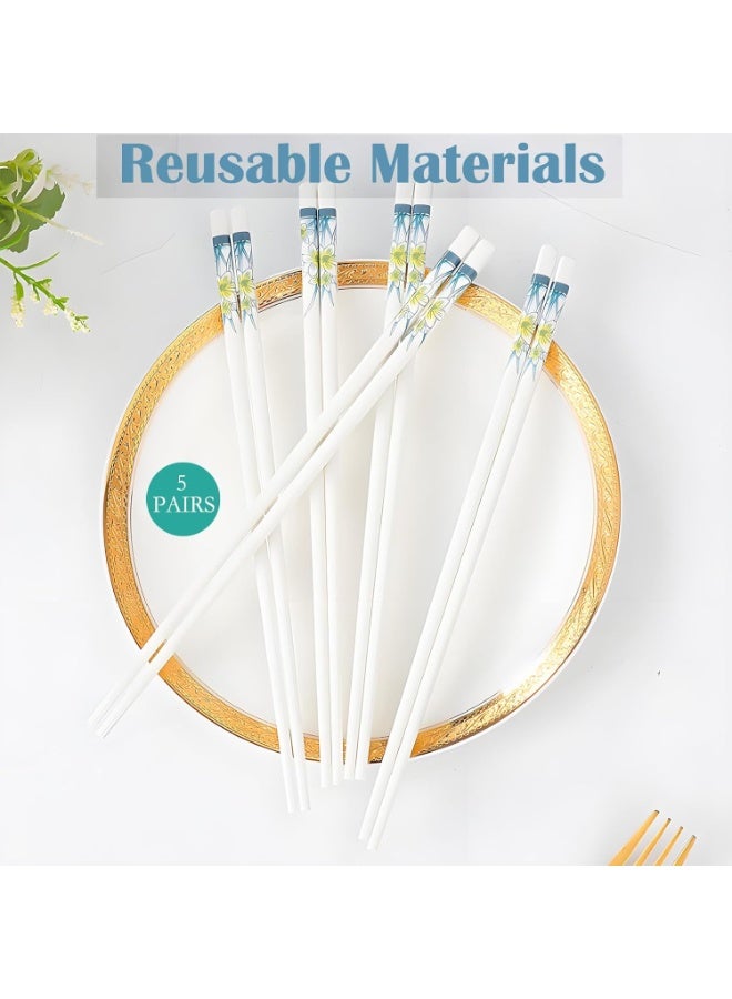 لاكام Ceramic Chopsticks Set, Reusable Chopsticks, Non-Slip Tableware, Heat-Resistant & Non-Toxic Ceramic Utensils for Asian Cuisine, Elegant Daffodil Floral Pattern, Dishwasher Safe(White,5-Pair, 24.1cm) - Image 5