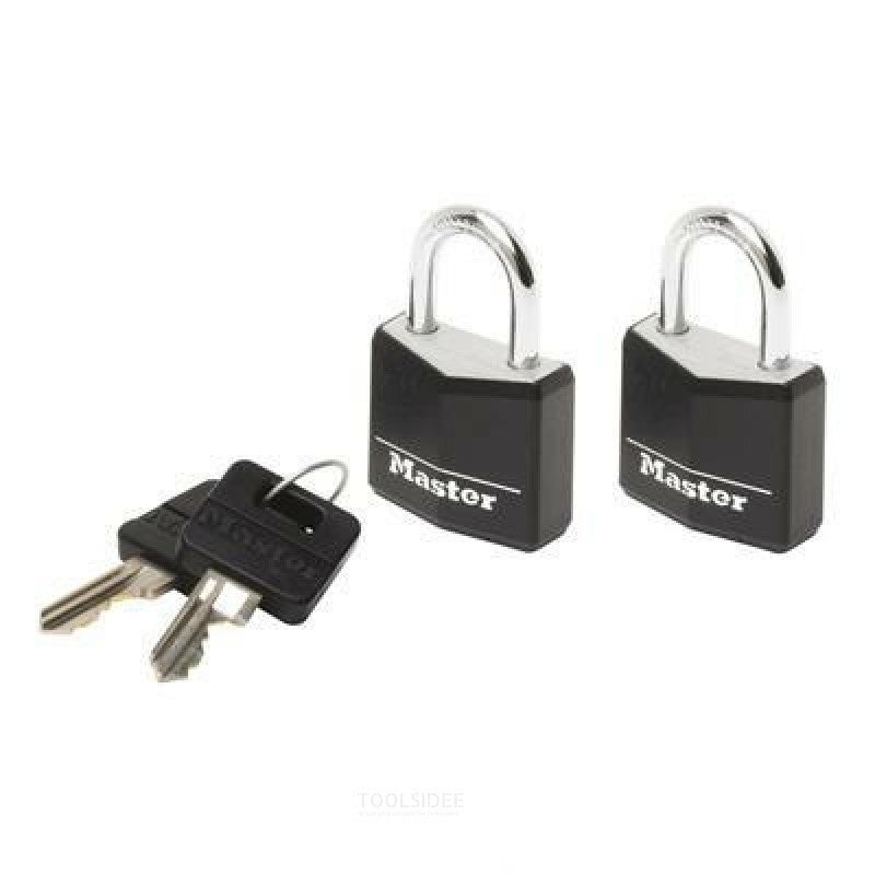 Master Lock 9120EURTBLK Aluminium Padlock, 20 mm Body with Black Vinyl Cover, Steel Shackle 3 mm Diameter 11 mm Long, 3-Pin Cylinder, Dual Locking Levers, Keyed Alike, Pack of 2, for Lockers and Bags