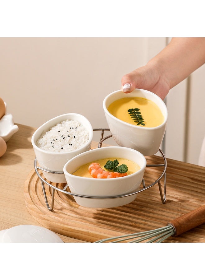 عام **طقم أطباق تبخير خزفية على شكل مروحة - 3 قطع مع أغطية وحامل من الفولاذ المقاوم للصدأ للكاسترد والوجبات الجانبية** - Image 1