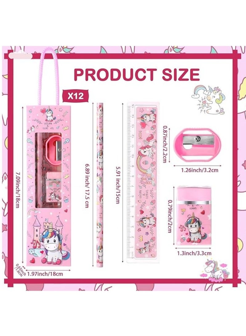 DAILYCHIC 12 Boxes Stationery Set，Back to School Supplies Kit for Kids Including Pencils Eraser Ruler Sharpeners for Students Gifts Classroom Rewards Party Favors (Unicorn) - Image 2