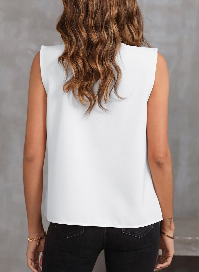EVALESS Sleeveless Blouses for Women Dressy Casual Summer Pleated V Neck Work Tank Tops Trendy 2025 White XL - Image 4