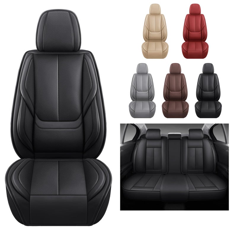 MINGBRON Black Car Seat Cover with Lumbar Support, Car Seat Protector Waterproof, Nappa Leather Car Seat Cushion, Car Seat Covers Front Seats and Back Fit for Most Cars - Image 4