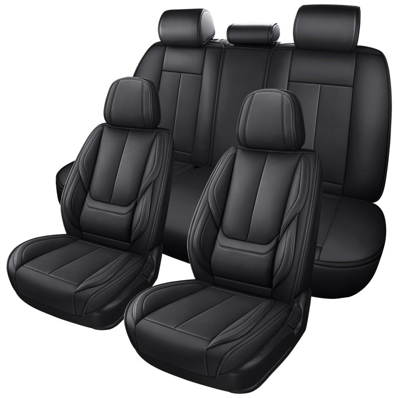 MINGBRON Black Car Seat Cover with Lumbar Support, Car Seat Protector Waterproof, Nappa Leather Car Seat Cushion, Car Seat Covers Front Seats and Back Fit for Most Cars - Image 1