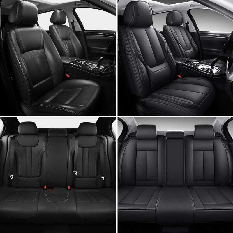 MINGBRON Black Car Seat Cover with Lumbar Support, Car Seat Protector Waterproof, Nappa Leather Car Seat Cushion, Car Seat Covers Front Seats and Back Fit for Most Cars - Image 2