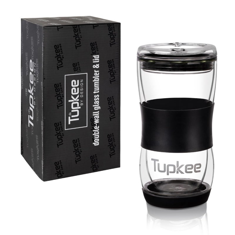 Tupkee 20 oz Double Wall Glass Tumbler With Lid All Glass Hand Blown Reusable Insulated Travel Mug For Coffee Tea Boba Iced Coffee and Smoothie Cup To Go Black