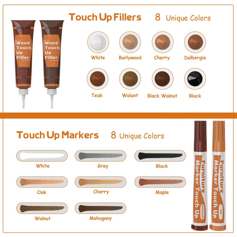 REALINN Wood Furniture Repair Kit 8 Dark Colors- Wood Fillers and Touch Up Markers, Repair Scratch, Cracks, Discoloration for Wooden Door, Floor, Table, Cabinet - Image 2