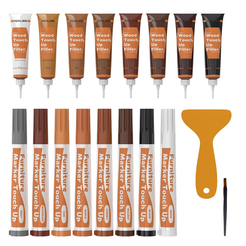 REALINN Wood Furniture Repair Kit 8 Dark Colors- Wood Fillers and Touch Up Markers, Repair Scratch, Cracks, Discoloration for Wooden Door, Floor, Table, Cabinet - Image 1