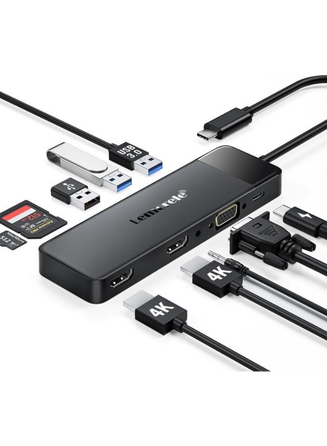 ليموريلي محطة إرساء USB-C لأجهزة الكمبيوتر المحمولة، محول شاشات ثلاثية 10 في 1 مع منفذي HDMI بدقة 4K، ومنفذ VGA بدقة 1080P، و3 منافذ USB 3.0/2.0، ومنفذ TF/SD 2.0، ومنفذ صوت 3.5 ملم، وشحن سريع بقدرة 100 واط، لأجهزة MacBook وHP وDell وLenovo وSurface - Image 1