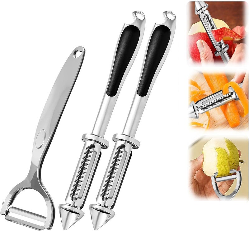 3 قطع مقشرات مطبخ، مقشرة خضروات من الفولاذ المقاوم للصدأ متعددة الوظائف، مقشرة فواكه جوليان بشفرة واحدة لتحضير البطاطا والكمثرى والطماطم والخيار والجزر - Image 1