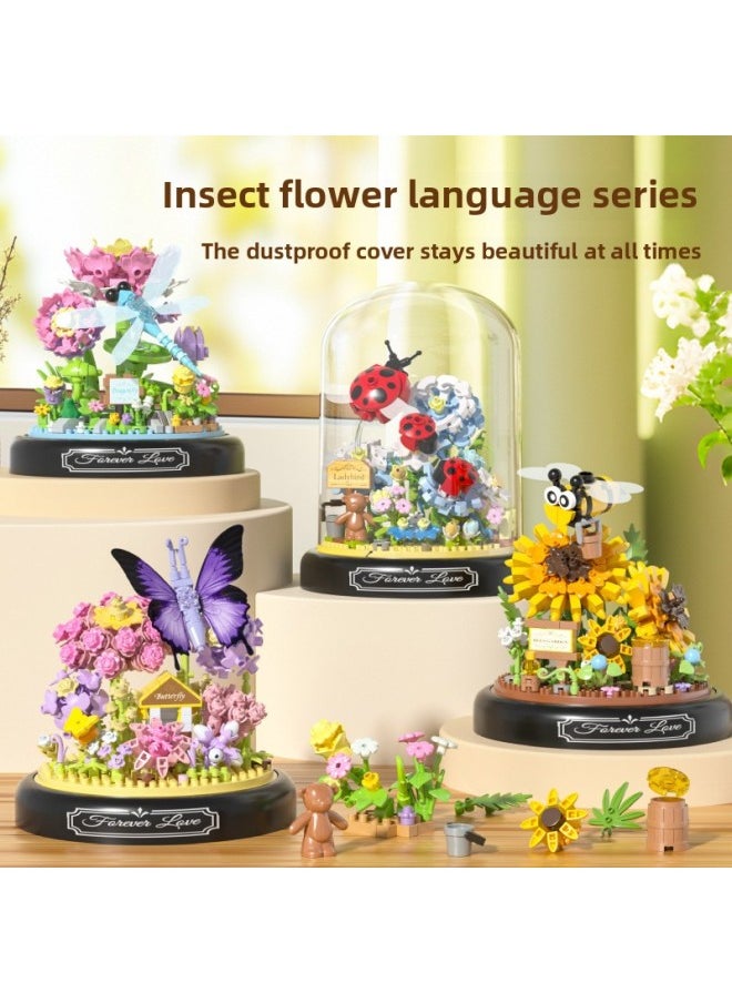 Generic - Yu Gao Butterfly Bee Insect Building Blocks Eternal Flowers Transparent Cover Small Particle Puzzle Assembled Desktop Decoration Gift-Color:P2280 Bee Flying Sunflower 548 Grains - Image 1