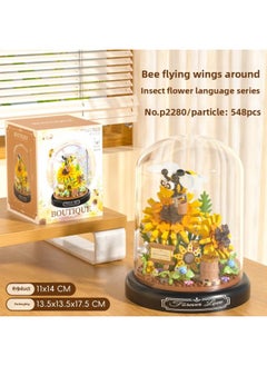 Yu Gao Butterfly Bee Insect Building Blocks Eternal Flowers Transparent Cover Small Particle Puzzle Assembled Desktop Decoration Gift-Color:P2280 Bee Flying Sunflower 548 Grains