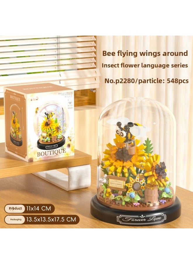 Generic - Yu Gao Butterfly Bee Insect Building Blocks Eternal Flowers Transparent Cover Small Particle Puzzle Assembled Desktop Decoration Gift-Color:P2280 Bee Flying Sunflower 548 Grains - Image 1