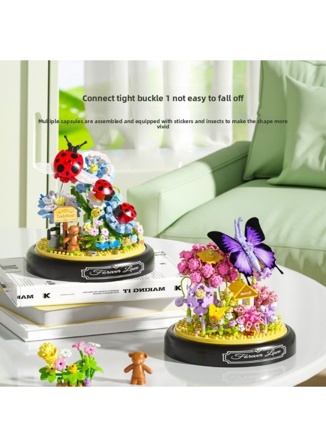 Generic - Yu Gao Butterfly Bee Insect Building Blocks Eternal Flowers Transparent Cover Small Particle Puzzle Assembled Desktop Decoration Gift-Color:P2280 Bee Flying Sunflower 548 Grains - Image 1