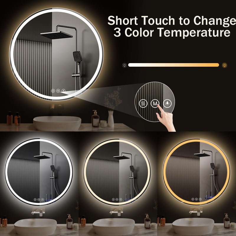 WISSMIELS LED Bathroom Mirror 28 Inch Round Bathroom Mirror with Lights, Circle LED Mirror, Wall Mounted Lighted Bathroom with 3 Colors Brightness, Anti-Fog, Dimmable, Shatter-Proof - Image 3