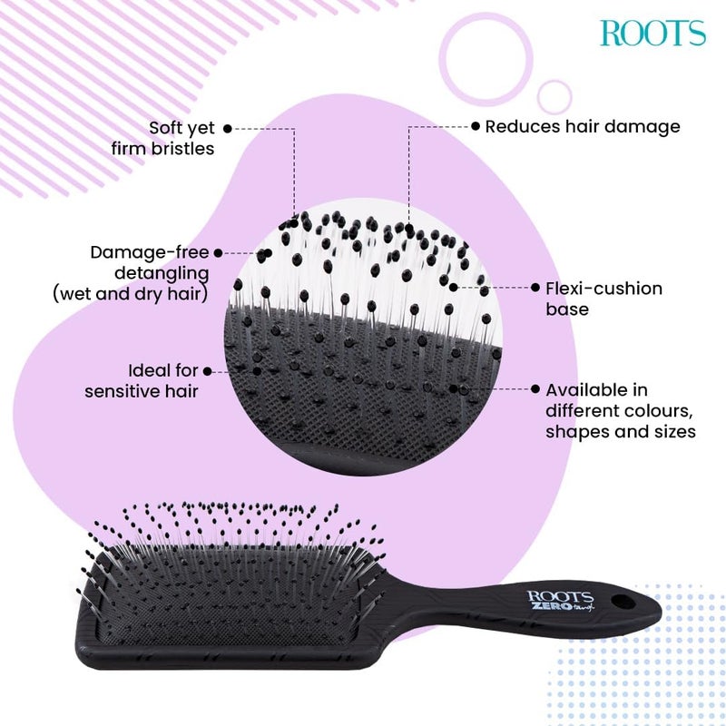 Roots Zero Tangle Black Hair Brush Designed with Medium Size Paddle Damage Free Soft Tip Bristle Everyday Use for All Hair Type Wet and Dry Hair for Men and Women RZTMNR - Image 4
