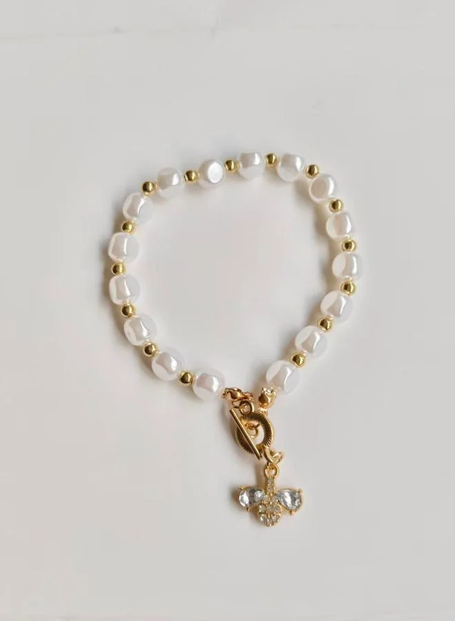 Faux Pearl Embellished Bracelet with Bee Charm