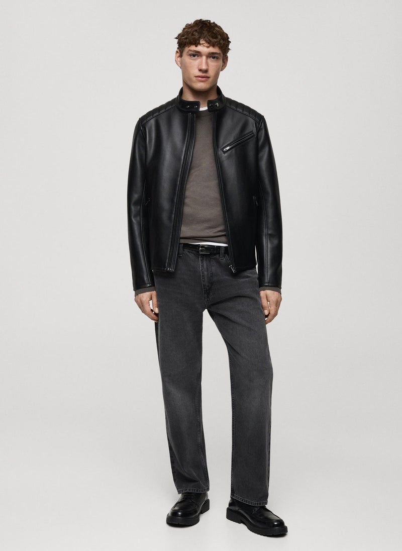 Mango Man - Stitching Detail Leather-Effect Jacket - Image 1