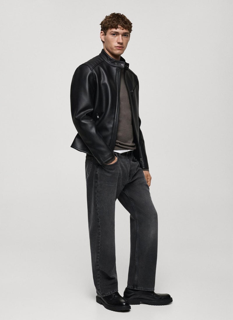 Mango Man - Stitching Detail Leather-Effect Jacket - Image 1