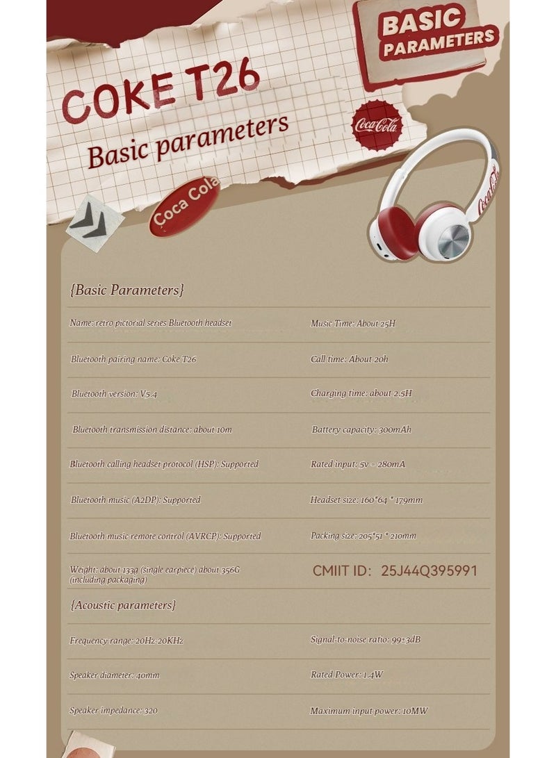 كوكا كولا سماعة رأس كوكا كولا T26 بلوتوث سماعات أذن لاسلكية -الطراز الأمريكي الفاخر، متعددة وأنيقة، مثالية للطلاب - Image 4