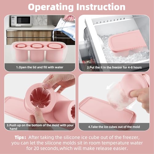 Fu Store Ice Cube Tray for Tumbler Cup 30-40 oz Tumbler 3pcs Silicone Ice Cube Molds With Lid and Bin for Chilling Cocktails Whiskey Drinks Juice Coffee Easy Fill and Release Ice Maker (Pink，40 oz) - Image 4