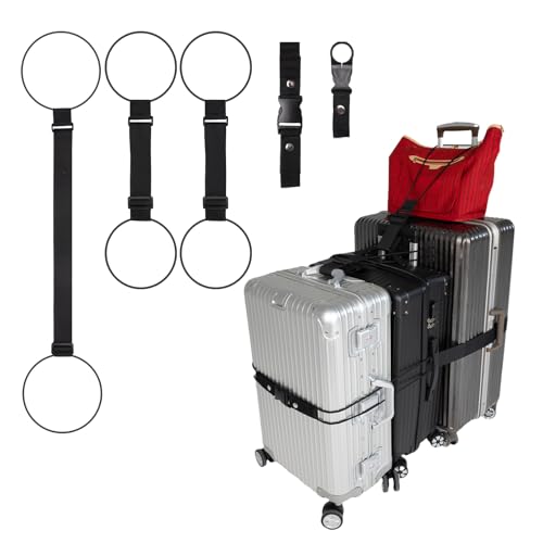 PUFFIN TRIP Luggage Straps 3 PCS for Suitcases TSA Approved 2 Short & 1 Long Adjustable Straps with Elastic Thick Rope for Connecting Suitcases and Bags Stably with a Strap Buckle and a Bottle Clip, Black - Image 1