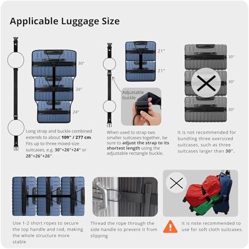 PUFFIN TRIP Luggage Straps 3 PCS for Suitcases TSA Approved 2 Short & 1 Long Adjustable Straps with Elastic Thick Rope for Connecting Suitcases and Bags Stably with a Strap Buckle and a Bottle Clip, Black - Image 5