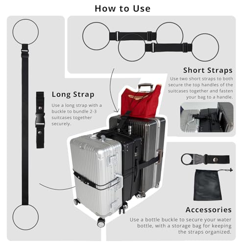 PUFFIN TRIP Luggage Straps 3 PCS for Suitcases TSA Approved 2 Short & 1 Long Adjustable Straps with Elastic Thick Rope for Connecting Suitcases and Bags Stably with a Strap Buckle and a Bottle Clip, Black - Image 4