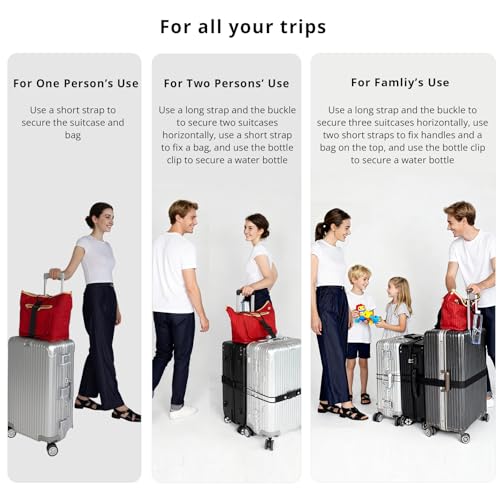 PUFFIN TRIP Luggage Straps 3 PCS for Suitcases TSA Approved 2 Short & 1 Long Adjustable Straps with Elastic Thick Rope for Connecting Suitcases and Bags Stably with a Strap Buckle and a Bottle Clip, Black - Image 3