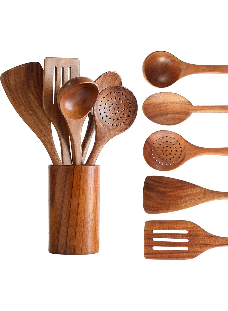 Relex 6-Piece Wooden Cooking Utensils Set, Teak Wood Spoons & Spatulas for Non-Stick Cookware - Image 1
