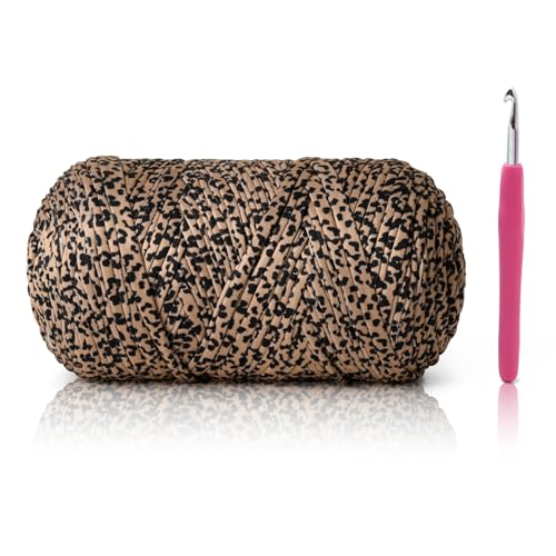 OMoiut Soft Tshirt Crochet Yarn, 400g/114yds High Elastic Hand Knitting Yarns, Thick T Shirt Yarn for Crocheting Bags, Baskets, Cushions, DIY Crafts（Leopard Print） - Image 1