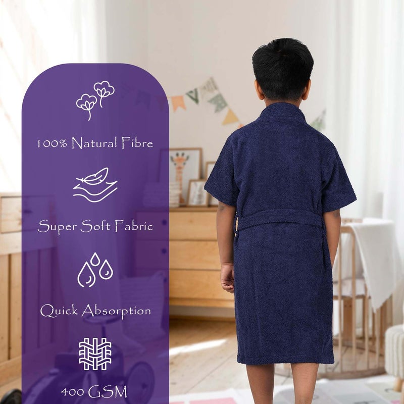 Rangoli Mini Noble 100% Cotton Kids Bathrobe, 400 GSM | Ultra-Soft, Super Absorbent Hooded Bathrobe for Boys and Girls | Navy Blue 7 to 8 Years - Image 2