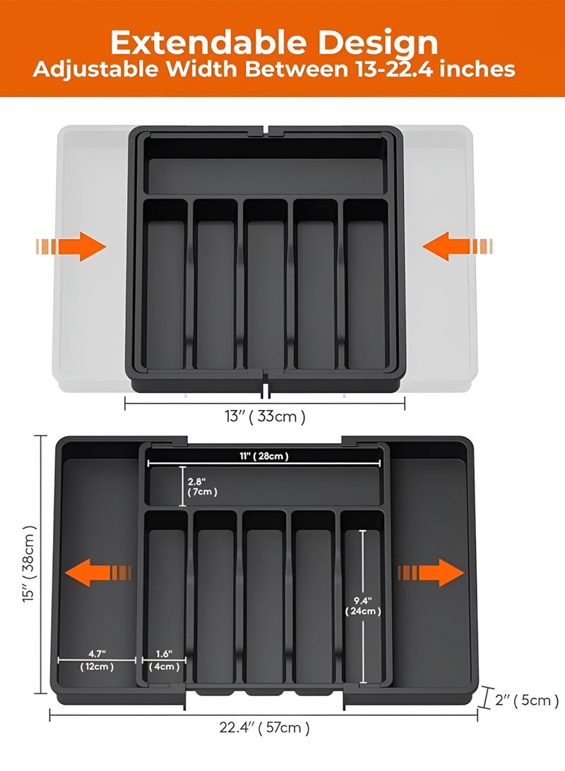 Toshionics Silverware Drawer Organizer, Expandable Utensil Organizer, Adjustable Kitchen Flatware Organizer Large Capacity Utensil Organizer and Storage Cutlery Tray for Spoons Forks Knives(Black) - Image 2