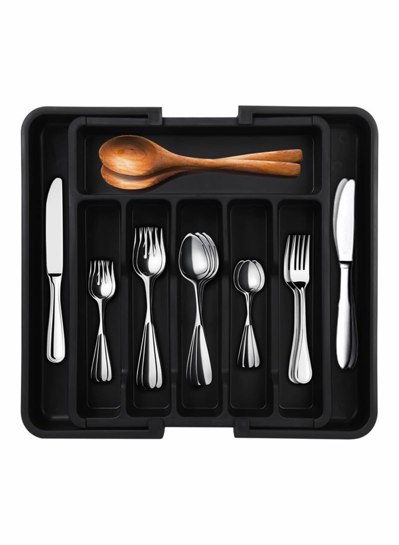 Toshionics Silverware Drawer Organizer, Expandable Utensil Organizer, Adjustable Kitchen Flatware Organizer Large Capacity Utensil Organizer and Storage Cutlery Tray for Spoons Forks Knives(Black) - Image 1