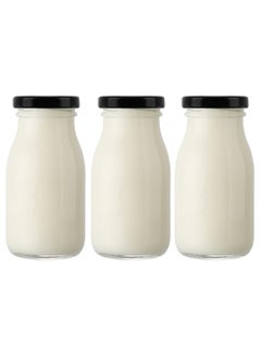200ml Glass Milk Bottles with Lids (Pack of 3), Reusable Glass Drinking Containers for Milk, Juice, Yogurt, Smoothies, Honey, Jam, Sauce, Syrup