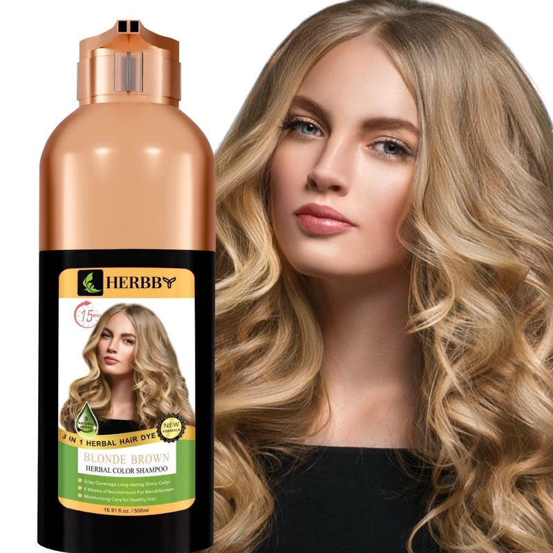 HERBBY Hair Color Shampoo for Gray Hair Coverage&Color Transform with 9 Herbal Extracts â€“Long Lasting(6-8 Weeks),Shiny,Evenly Colored,Instant Hair Dye Shampoo&Conditioner, 500 Ml (BLONDE BROWN COLOR) - Image 1