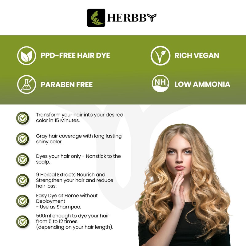 HERBBY Hair Color Shampoo for Gray Hair Coverage&Color Transform with 9 Herbal Extracts â€“Long Lasting(6-8 Weeks),Shiny,Evenly Colored,Instant Hair Dye Shampoo&Conditioner, 500 Ml (BLONDE BROWN COLOR) - Image 3