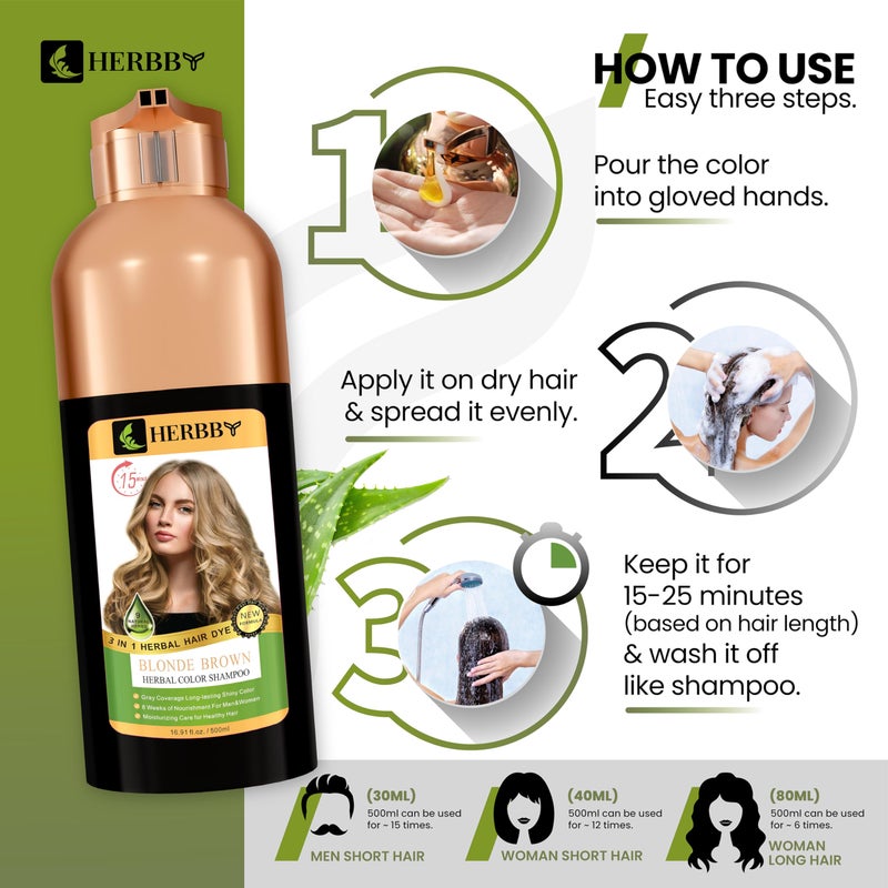 HERBBY Hair Color Shampoo for Gray Hair Coverage&Color Transform with 9 Herbal Extracts â€“Long Lasting(6-8 Weeks),Shiny,Evenly Colored,Instant Hair Dye Shampoo&Conditioner, 500 Ml (BLONDE BROWN COLOR) - Image 5