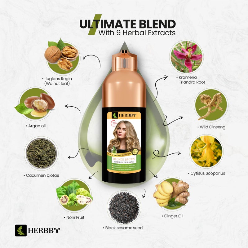 HERBBY Hair Color Shampoo for Gray Hair Coverage&Color Transform with 9 Herbal Extracts â€“Long Lasting(6-8 Weeks),Shiny,Evenly Colored,Instant Hair Dye Shampoo&Conditioner, 500 Ml (BLONDE BROWN COLOR) - Image 4