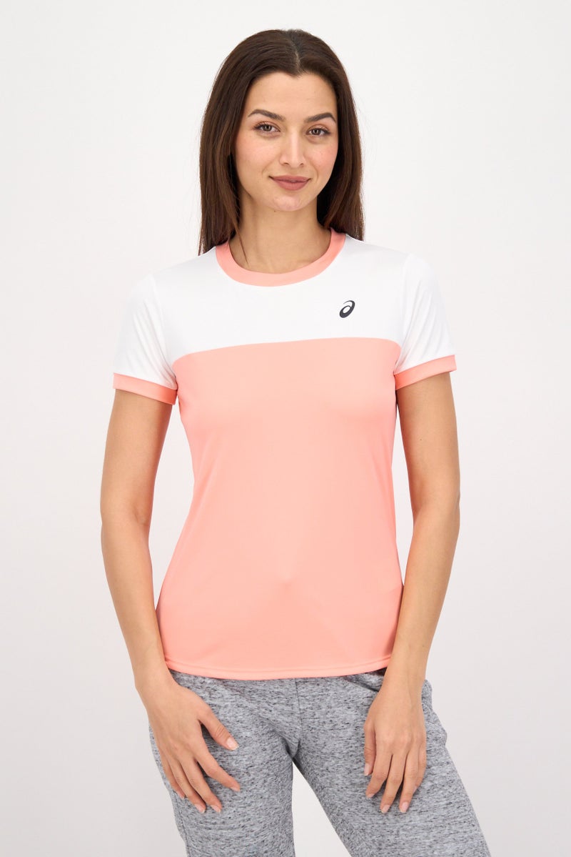asics تي شيرت جري نسائي بقصة ضيقة بأكمام قصيرة، وردي - Image 1