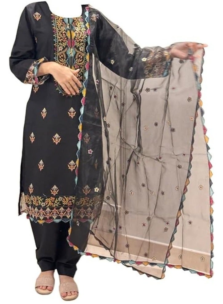 وينشيلز سلوار قميص باكستاني، أسود مع تصميم زهور متعدد الألوان، طقم من 3 قطع مع دوباتا شبكية - كبير - Image 4