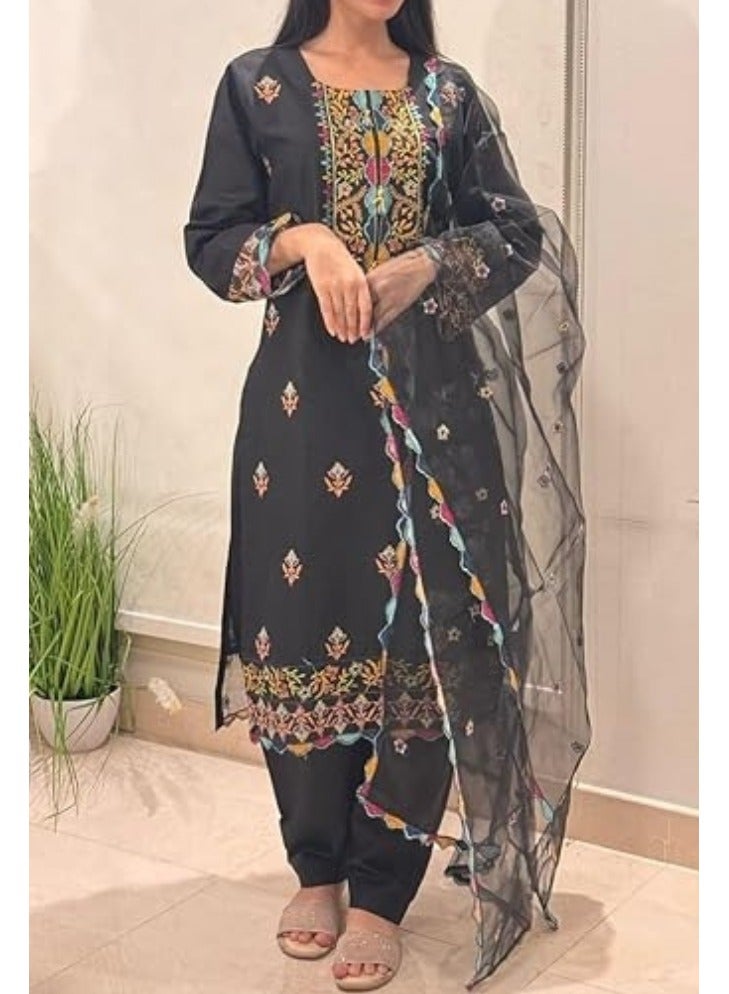 وينشيلز سلوار قميص باكستاني، أسود مع تصميم زهور متعدد الألوان، طقم من 3 قطع مع دوباتا شبكية - كبير - Image 3