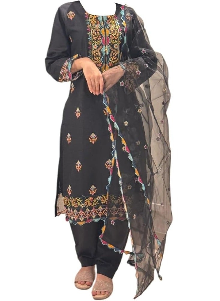 وينشيلز سلوار قميص باكستاني، أسود مع تصميم زهور متعدد الألوان، طقم من 3 قطع مع دوباتا شبكية - كبير - Image 2
