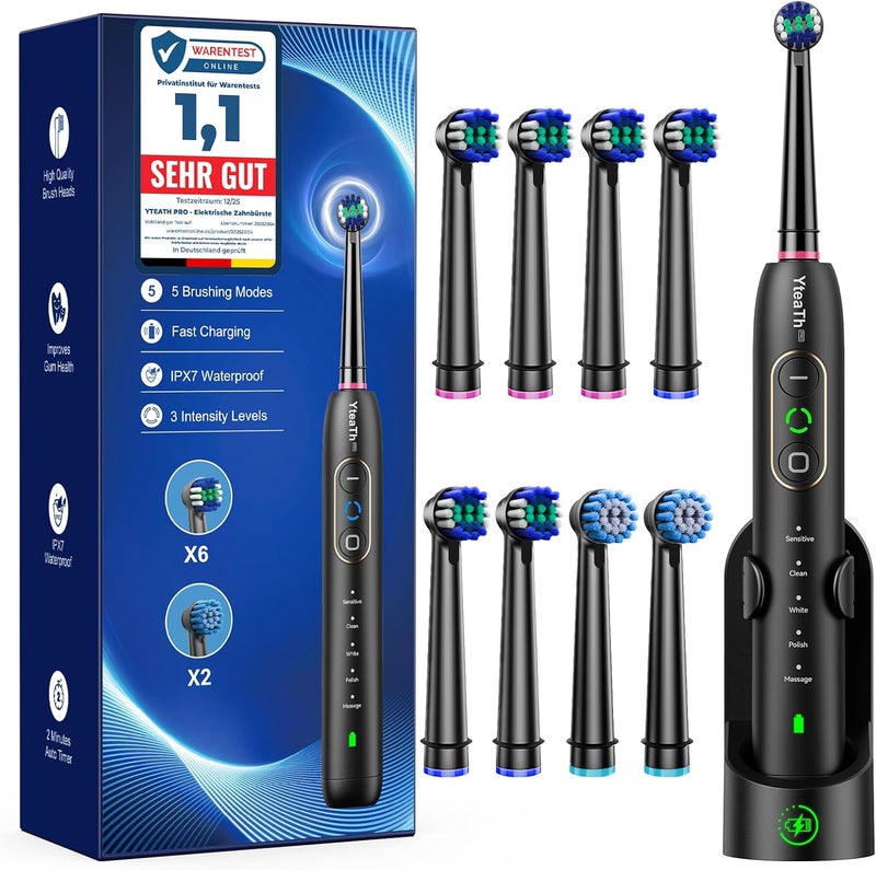 YTEATH PRO Rotating Electric Toothbrushes for Adults and Children with 8 Toothbrush Heads (2 Types), 3 Intensities, 5 Modes, Electric Toothbrush with Wall Mount Charging Station, 2 Minute Brushes, Timer - Image 1