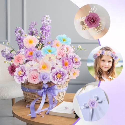 ATTGREAT 210 Pcs Mini Silk Flower Heads Small Fake Rose Daisy Faux Flowers Bulk for Crafts Artificial Loose Fabric Flowers Heads Sunflower Bulk for Wedding Hair Cap Dresses Decorations (Purple) - Image 3