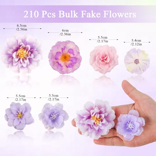 ATTGREAT 210 Pcs Mini Silk Flower Heads Small Fake Rose Daisy Faux Flowers Bulk for Crafts Artificial Loose Fabric Flowers Heads Sunflower Bulk for Wedding Hair Cap Dresses Decorations (Purple) - Image 2