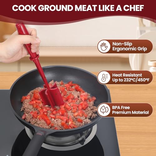 CUNSENR Premium Meat Chopper - 5 Curve Blade Ground Beef Smasher Tool - Heat-Resistant Nylon Meat Masher for Ground Beef, Hamburger, Potatoes - Non-Stick Ground Meat Chopper for Easy Mixing - Red - Image 4